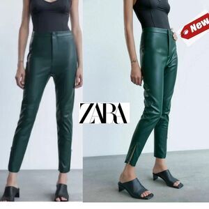 𝅺ZARA green faux leather hi-rise zipper hem leggings Sz XS NWT